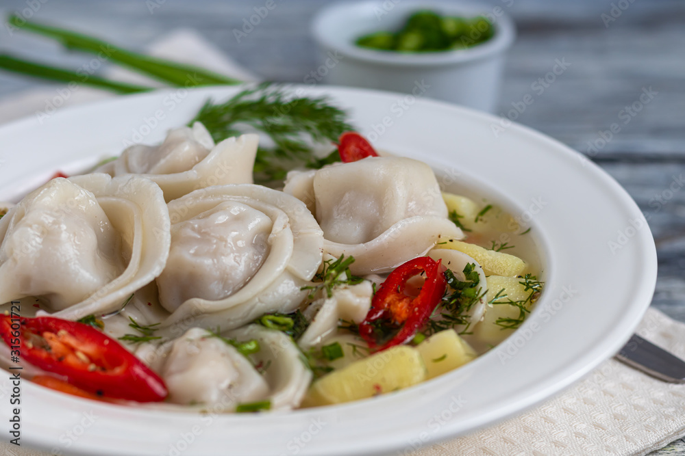 Soup with dumplings garnished with onions and peppers. In the background are greens, red peppers and bay leaves. On a light wooden background.
