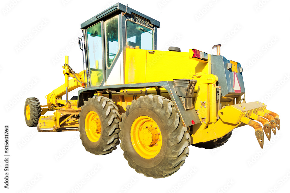 Yellow bulldozer on wheels laying asphalt concrete. Building work on a road. Work in progress, industrial machine. Isolated on white background with copy space.