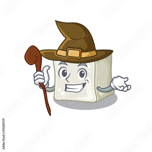 cartoon mascot style of sugar cube dressed as a witch