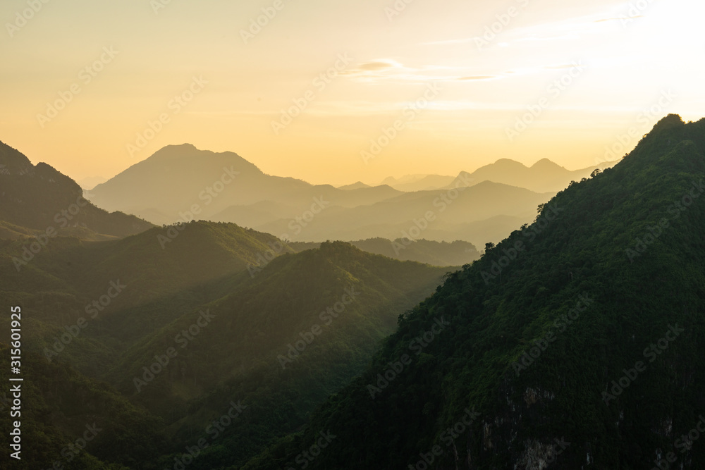 View of sunset in Nong Khiaw. North Laos. Southeast Asia.