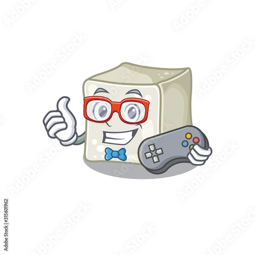 Smiley gamer sugar cube cartoon mascot style