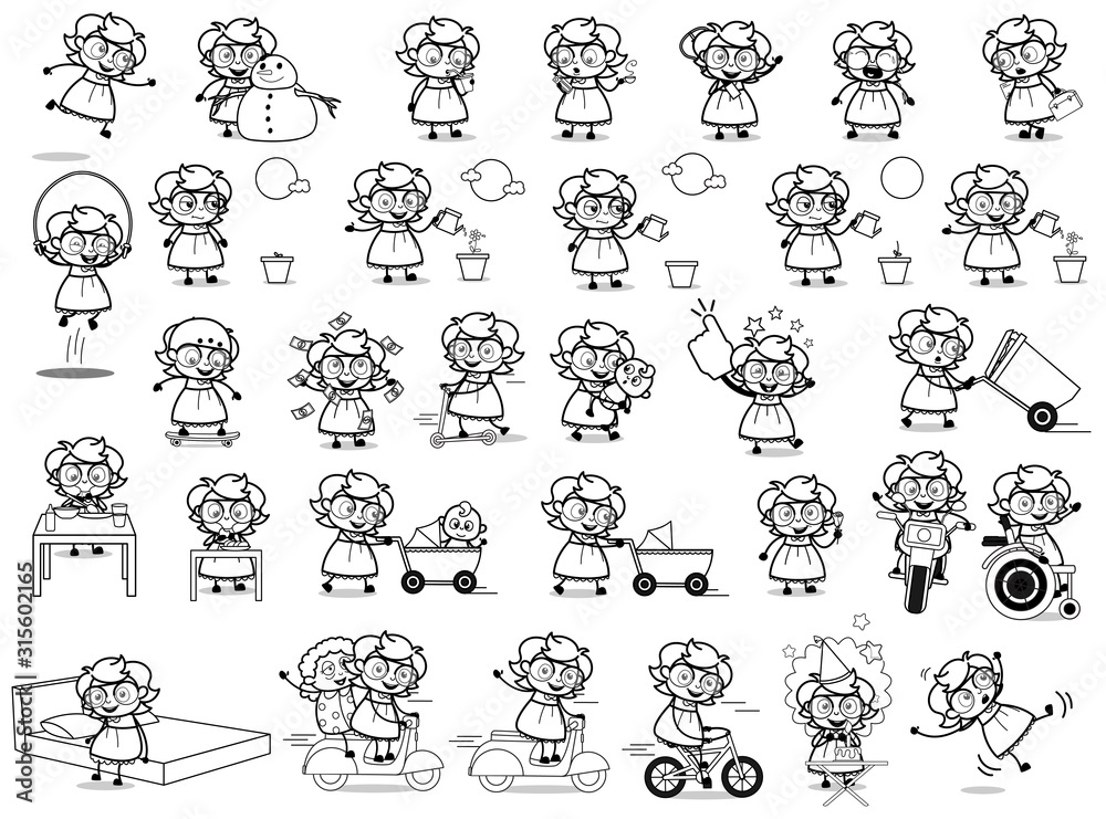 Retro Drawing of Intelligent Girl Character - Set of Concepts Vector illustrations