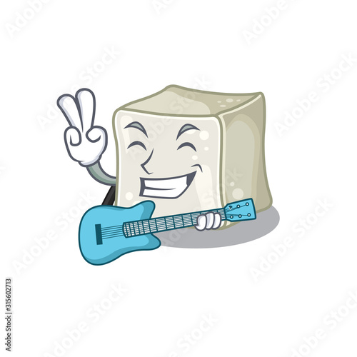 A mascot of sugar cube performance with guitar