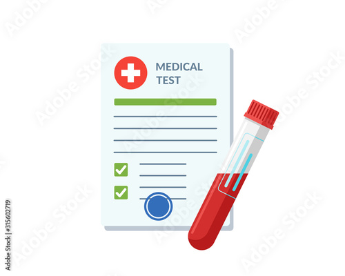 Blood test tube container and medical lab analysis form list with results and approved check mark vector illustration. Flat clinical exam checklist blank document. Medicine care service concept