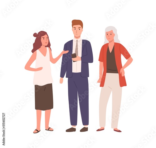 Angry cartoon people standing and look in smartphone vector flat illustration