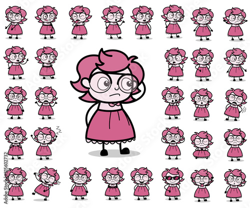 Comic Young Intelligent Girl Poses - Collection of Vintage Concepts Vector illustrations
