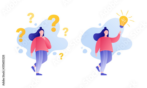 Woman is thinking and finds successful solution. Search for new ideas. Woman with bulb light idea. Brainstorming concept. Vector illustration. 