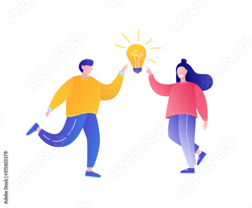 Brainstorming concept. Man and woman with bulb light idea. Vector illustration. 