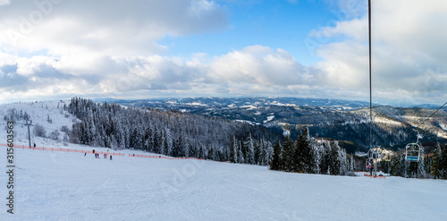 Panoramic view from mountain Zakhar Berkut, Carpathian mountains, Ukraine. Horizontal outdoors shot photo