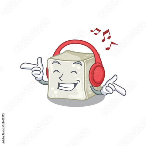 Listening music sugar cube mascot cartoon character design