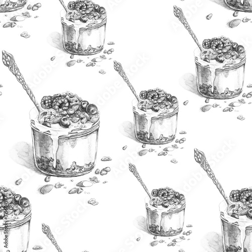 Watercolor seamless pattern with illustration of granola with yogurt, nuts and fresh berries in a glass jar with a spoon. 