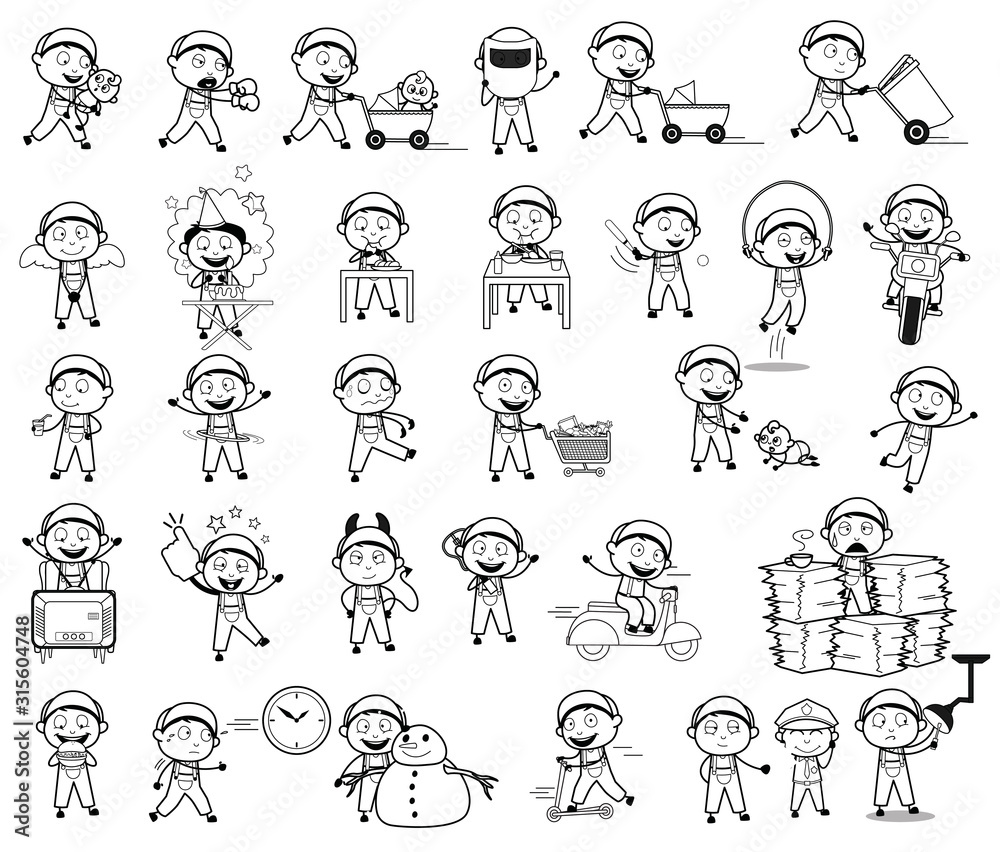Various Retro Comic Repairman - Set of Concepts Vector illustrations Various Retro Comic Repairman - Set of Concepts Vector illustrations