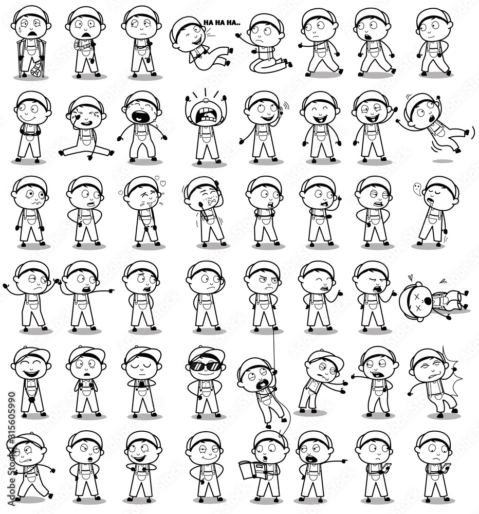 Various Comic Retro Repairman Poses - Set of Concepts Vector illustrations Various Comic Retro Repairman Poses - Set of Concepts Vector illustrations