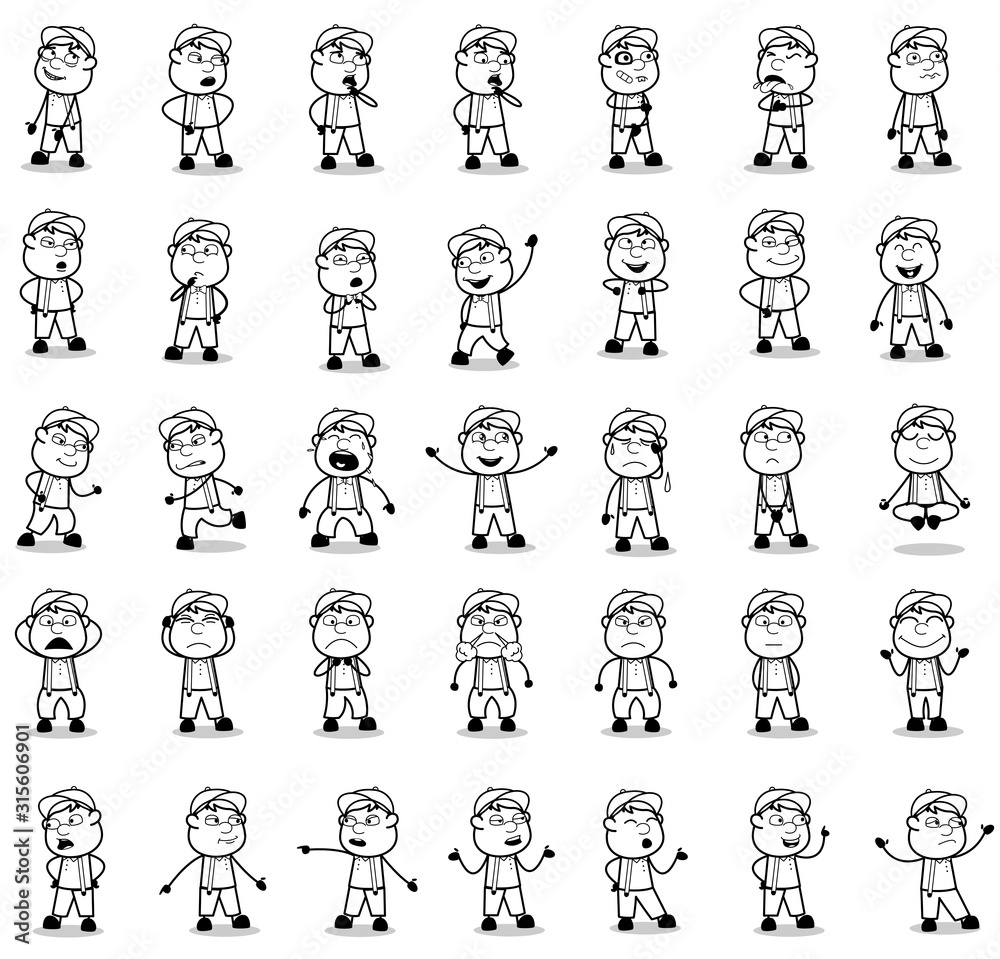 Retro Carpenter Character Poses - Set of Concepts Vector illustrations Retro Carpenter Character Poses - Set of Concepts Vector illustrations