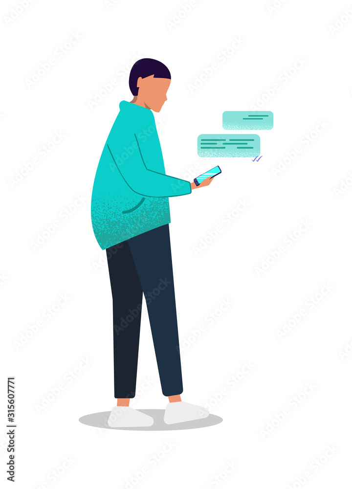 Young man with a phone. The man with the phone. A gender-neutral young man in versatile clothing writes messages in a smartphone. Isolate on a white background. Vector