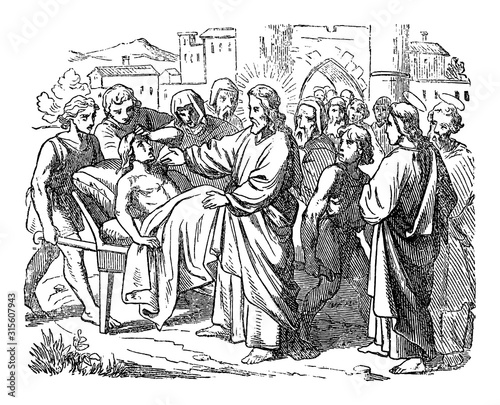 Vintage drawing or engraving of biblical story of Jesus raises a dead son of widow. Bible, New Testament,Luke 7. Biblische Geschichte , Germany 1859.