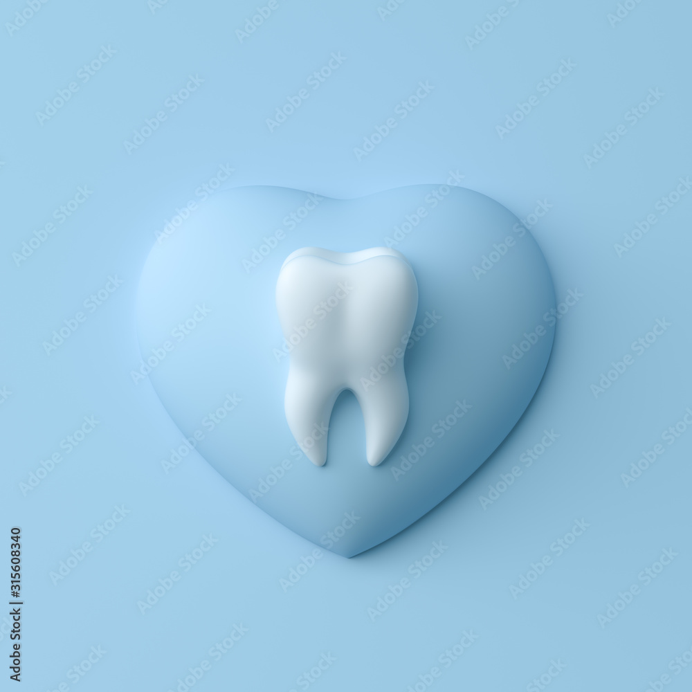 Teeth with heart. Concept Dental care cleaning bacterial plaque on a blue pastel background. Minimal flat lay. 3d render Teeth with heart. Concept Dental care cleaning bacterial plaque on a blue pastel background. Minimal flat lay. 3d render