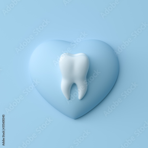 Teeth with heart. Concept Dental care cleaning bacterial plaque on a blue pastel background. Minimal flat lay. 3d render