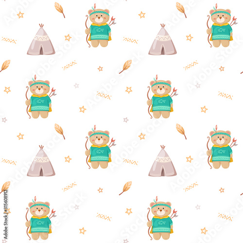 Cute cartoon bear dressed as an american Indian. Colorful illustration with wigwam, feather, bow and arrows. Children seamless pattern on white background. Vector isolated set for kids.