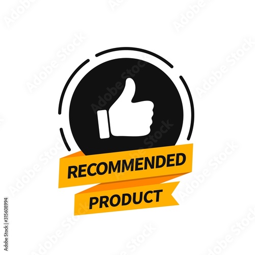 Flat banner recommended product with thumb up. Vector badge design.