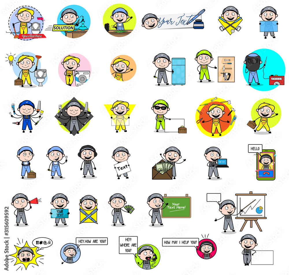 Cartoon Labor Repairman Character - Set of Concepts Vector illustrations Cartoon Labor Repairman Character - Set of Concepts Vector illustrations