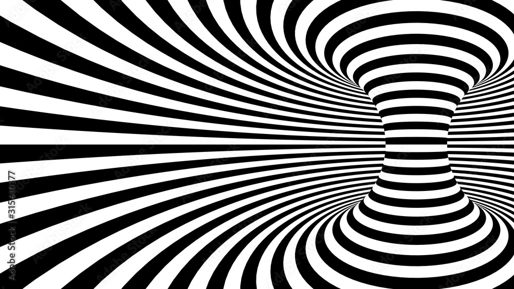Black and white twisted curved lines forming torus horizontal background, optical illusion. 3d render illustration Black and white twisted curved lines forming torus horizontal background, optical illusion. 3d render illustration