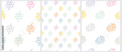Set of 3 Cute Abstract Spots Vector Pattern. Colorful Hand Drawn Brush Spots Isolated on a White Background. Lovely Pastel Color Geometric Vector Prints. Funny Infantile Style Repeatable Design.