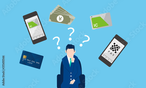 いろいろな決済方法と悩む男性のイメージ