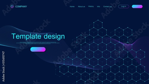 Landing page tech background with colorful dynamic waves and hexagonal boxes. Geometric abstract background with lines and dots, cube cell. Website template design. Vector illustration.