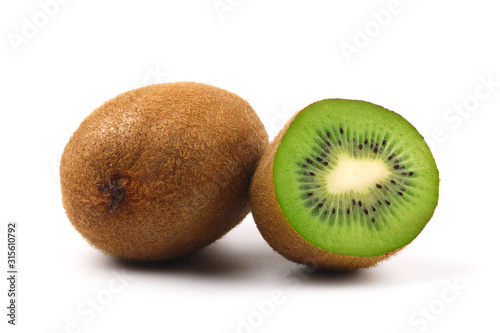 Ripe kiwi fruit and half kiwi fruit isolated on white background