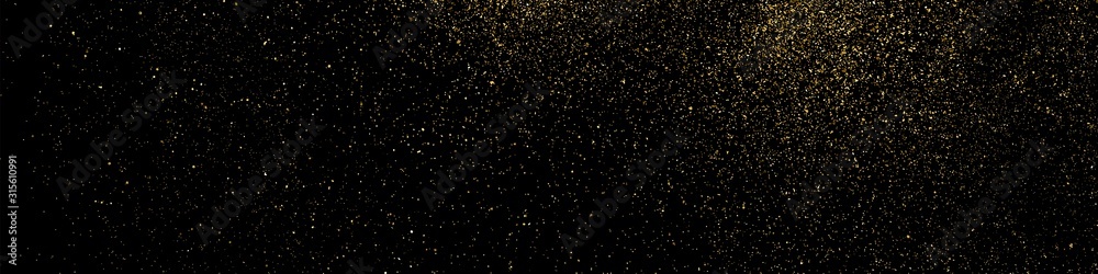 Gold Glitter Texture Isolated On Black. Amber Particles Color. Celebratory Panoramic Background. Golden Explosion Of Confetti. Long Horizontal Banner. Vector Illustration, Eps 10.