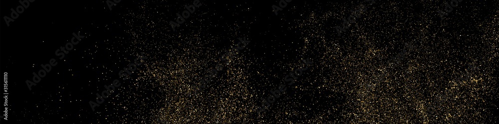 Gold Glitter Texture Isolated On Black. Amber Particles Color. Celebratory Panoramic Background. Golden Explosion Of Confetti. Long Horizontal Banner. Vector Illustration, Eps 10. Gold Glitter Texture Isolated On Black. Amber Particles Color. Celebratory Panoramic Background. Golden Explosion Of Confetti. Long Horizontal Banner. Vector Illustration, Eps 10.