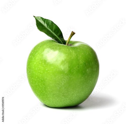 Green ripe apple with green leaf isolated on a white background