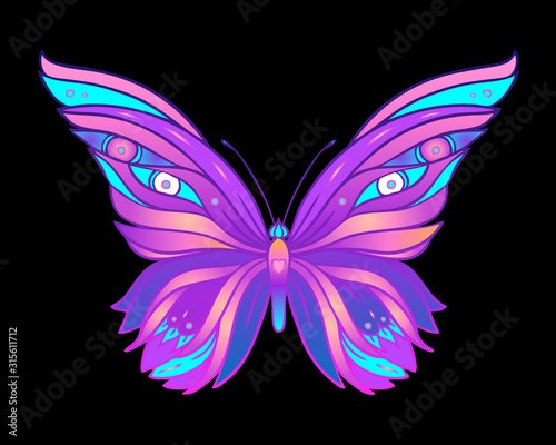 Hand drawn butterfly in bright neon colors. Han drawing design for t-shirt print or tattoo. Isolated vector illustration. © vgorbash