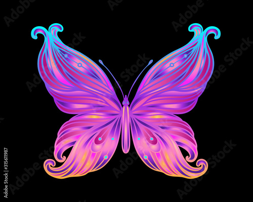 Hand drawn butterfly in bright neon colors. Han drawing design for t-shirt pr...