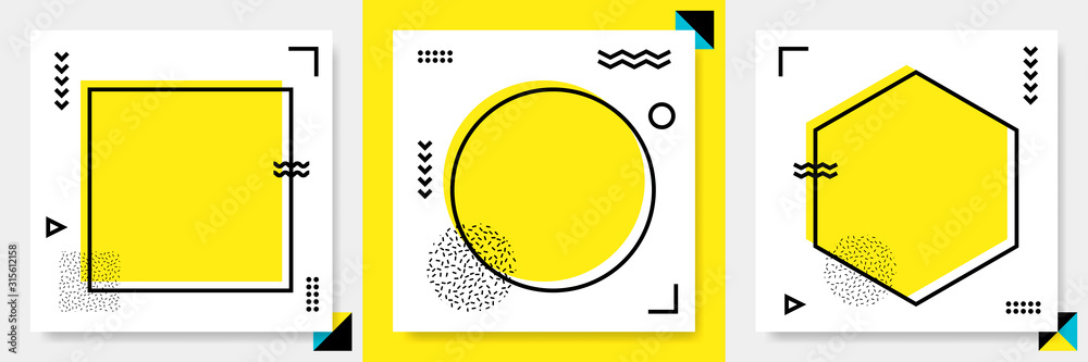 Abstract geometric frame set. Memphis square cards, funky stripes and dots shapes and quotes text frames background. Futuristic brochure, advertising 80s frames. Isolated vector illustration