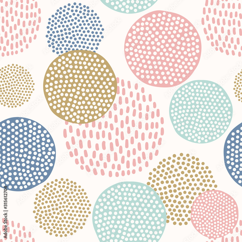 Fototapeta Scandinavian seamless pattern with colorful dotted circles on white background