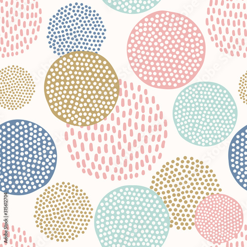 Scandinavian seamless pattern with colorful dotted circles on white background