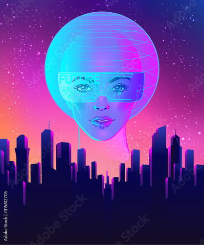 Futuristic synth wave style. Retroparty flyer template. Portrait of a young pretty androgynous woman with short shaved pixie undercut in retro futurism style. Vector illustration in neon bright color