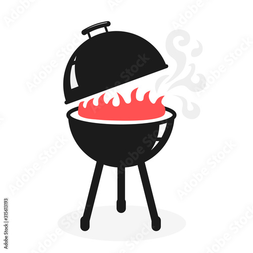 Black BBQ Grill Cooking with Smoke and Flame vector icon