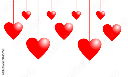 Red hearts as balloons on white background. Vector illustration for valentine's day.