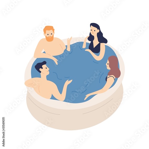 Group of smiling friends relaxing in jacuzzi vector flat illustration
