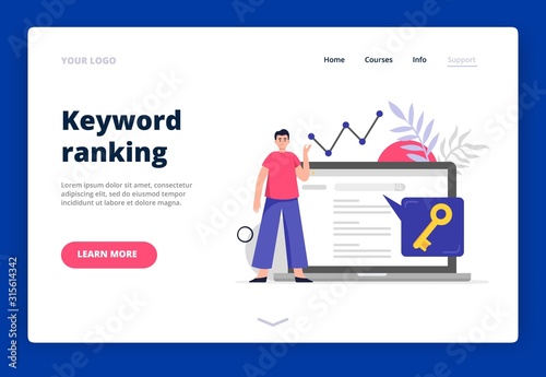 Landing page template on Search Engine Optimization theme. Man do keywords research to improve website page rank. Flat Vector illustration good for banners, ads, landing pages or other web promotion.