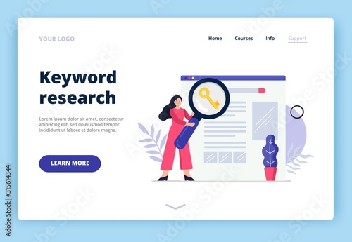 Cute landing page template on Search Engine Optimization theme. Girl with magnifying glass searching for keywords to improve website page rank. Flat Vector illustration.