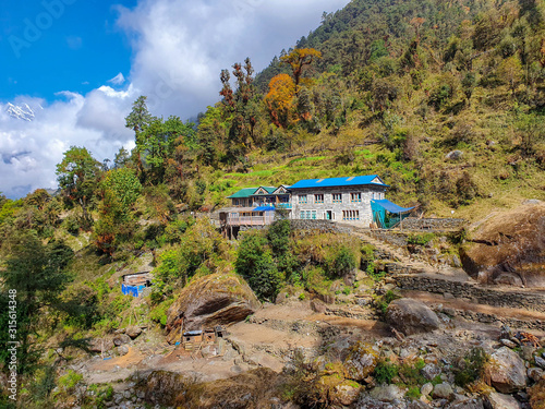 Everest base camp trek itinerary: way from Bupsa to Phakding. Paiya village. Solokhumbu area, Nepal.