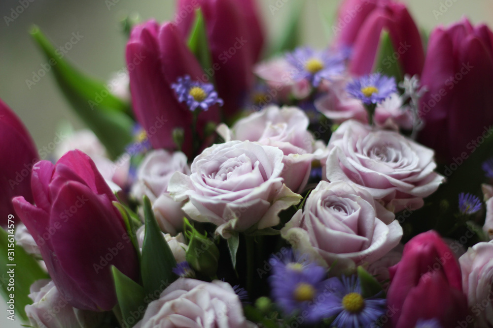 Bouquet of pink roses and tulips stock photo. Gift cards. Beautiful background flowers, roses and tulips. Greeting card, decoration for party. Bouquet of pink roses and tulips stock photo. Gift cards. Beautiful background flowers, roses and tulips. Greeting card, decoration for party.