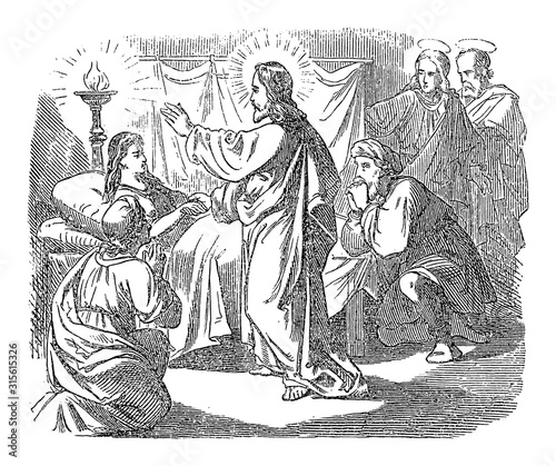 Vintage drawing or engraving of biblical story of Jesus raised dying or dead girl and healed sick woman. Bible,New Testament,Mark 5. Biblische Geschichte , Germany 1859.