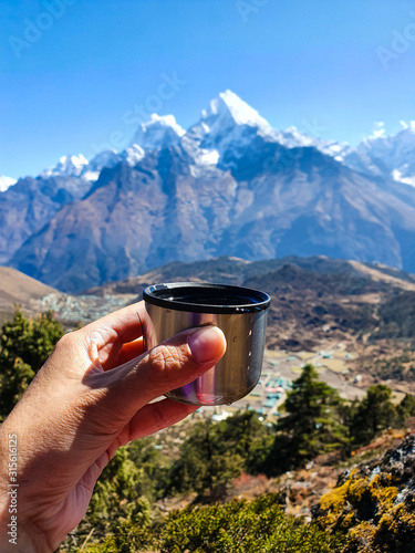 Beautiful morning view on Thamserku mountain. Everest base camp itinerary: way to Khunde and Khumjung. Sagarmatha national park, Solokhumbu, Nepal. photo