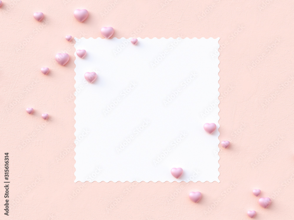 Happy valentines day greetings card design with heart flying balloon and hearts decorations in pink pastel background. Minimal flat lay. Weeding design elements. 3d render