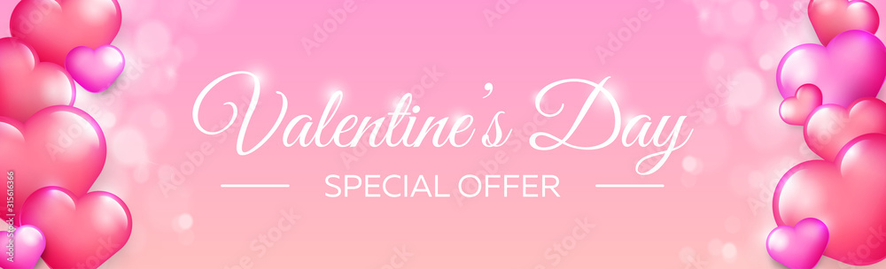 Valentines day special offer long wide horizontal banner. Vector sale badge bright design. Lovely red and pink hearts on color background. Best price and percent off discount.